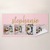 Maak Je Eigen 4 Foto Collage Scriptnaam koraal Badhanddoek (Badhanddoek)