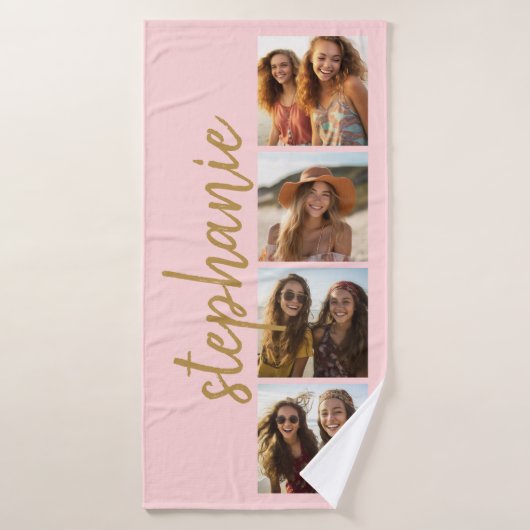 Maak Je Eigen 4 Foto Collage Scriptnaam koraal Badhanddoek (Badhanddoek)
