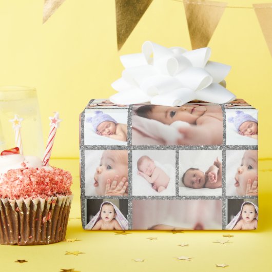 Maak Je Eigen 6 Foto Collage Zilver Glitter Cadeaupapier (Verjaardagsfeest)