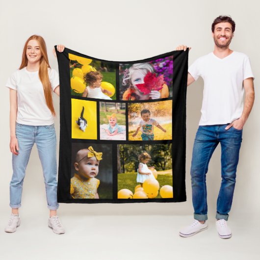 Maak Je Eigen 7 Foto Collage Zwart Fleece Deken (In situ)