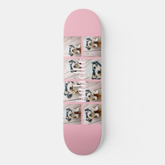 Maak Je Eigen 8 Foto Collage Aangepaste Naam Roze Persoonlijk Skateboard (Voorkant)