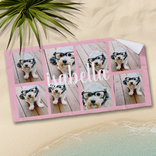 Maak Je Eigen 8 Foto Collage Aangepaste Naam Roze Strandlaken