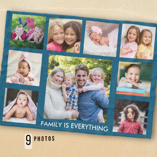 Maak je eigen 9 foto collage familie citaat blauw fleece deken
