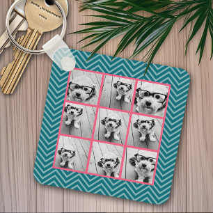 Maak Je Eigen 9 Foto Collage Roze Blauwe Chevrons Sleutelhanger