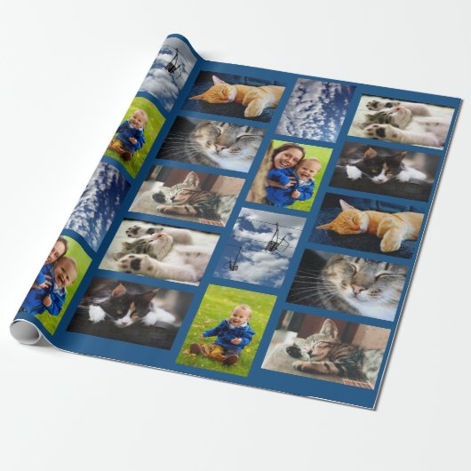 Maak je eigen 9 fotocollage op blauw cadeaupapier (Uitgerold)