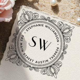Maak Je Eigen Bladerig Monogram Retouradres Zelfinktende Stempel