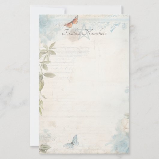 Maak Je Eigen Blauwe Shabby Chic Vlinderrozen Briefpapier (Voorkant)