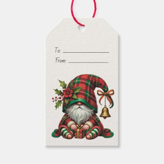 Maak Je Eigen Bloemige Kerstmis Plaid Gnome Bel Cadeaulabel (Voorkant)