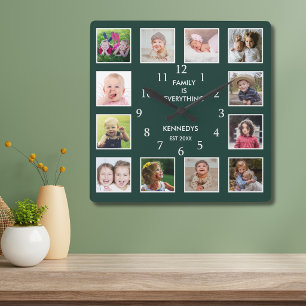 Maak je eigen bosgroene familieregel met 12 foto's vierkante klok