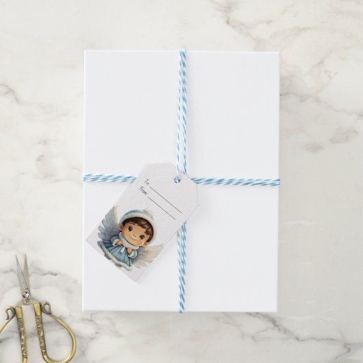Maak Je Eigen Bruine Jongen Blauwe Engel Kerstmis Cadeaulabel (Met Touw)