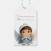 Maak Je Eigen Bruine Jongen Blauwe Engel Kerstmis Cadeaulabel (Voorkant)