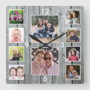 Maak Je Eigen Collage Met 10 Foto's Grijze Houten Vierkante Klok