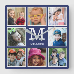Maak je eigen collage met 8 foto's met monogram bl vierkante klok