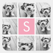 Maak Je Eigen Foto Collage - Roze Monogram Vierkante Sticker (Voorkant)