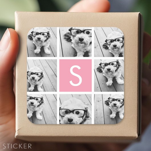 Maak Je Eigen Foto Collage - Roze Monogram Vierkante Sticker