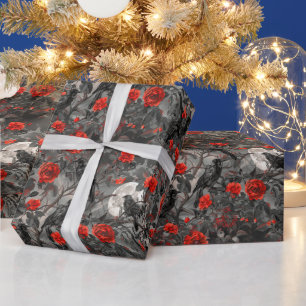 Maak Je Eigen Gotische Maanraven Rode Rozen Grijs Cadeaupapier