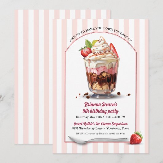 Maak je eigen Ice Cream Sundae verjaardagsfeestje Kaart (Voorkant / Achterkant)