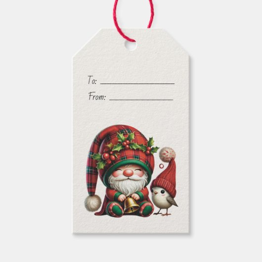 Maak je eigen Kerstmis geruite Gnome en Vogel Cadeaulabel (Voorkant)