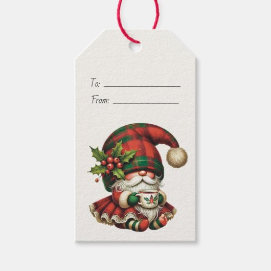 Maak je eigen Kerstmis geruite Gnome-thee Cadeaulabel (Voorkant)
