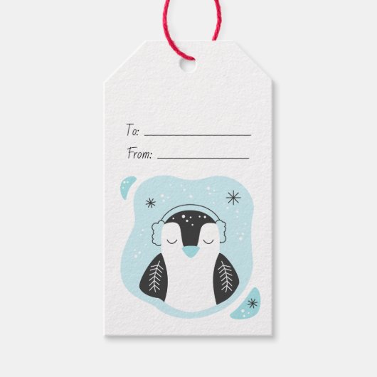 Maak Je Eigen Knuffel Pinguïn Blauwe Kerstmis Cadeaulabel (Voorkant)