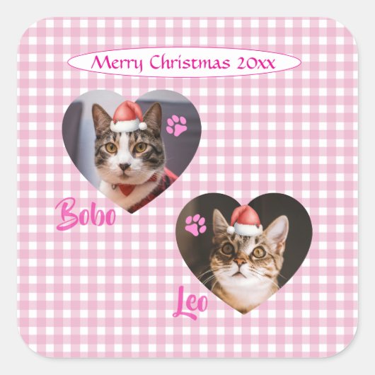 Maak je eigen knuffelkat 2 foto-script Kerstmis  Vierkante Sticker (Voorkant)