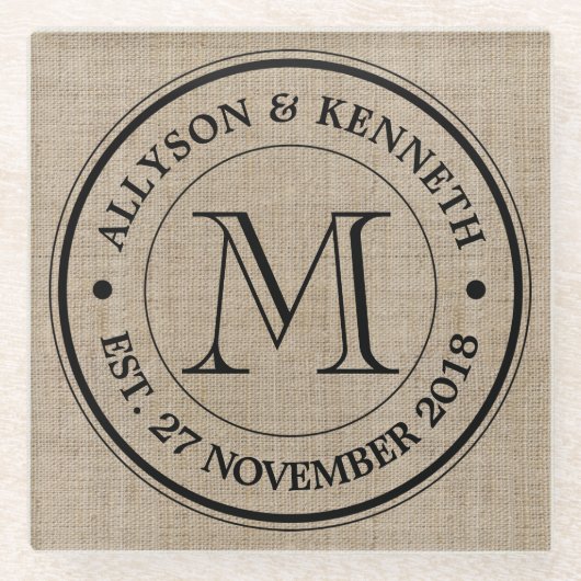 Maak je eigen Logo monogram Burlap Retro Glazen Onderzetter (Voorkant)