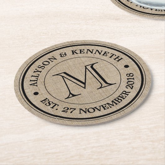 Maak je eigen Logo monogram Burlap Retro Ronde Kartonnen Onderzetter (Gebogen)