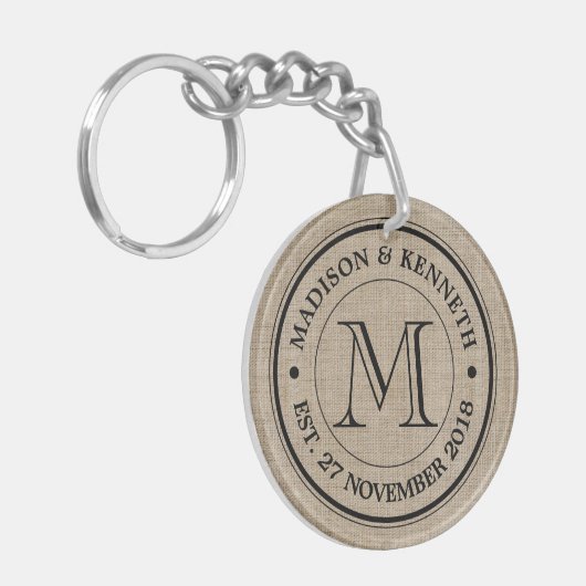 Maak je eigen Logo monogram Burlap Retro Sleutelhanger (Voorkant Links)