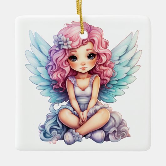 Maak Je Eigen Mooie Roze en Blauwe Kerstengel Keramisch Ornament (Voorkant)