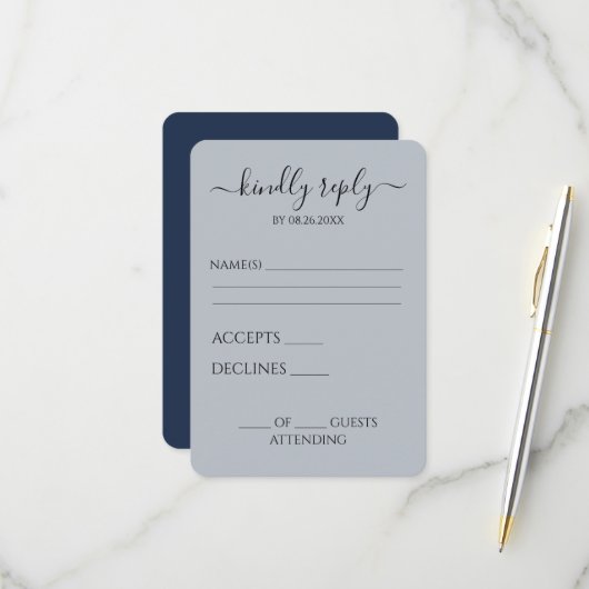 Maak je eigen Navy Blue Aanpasbare RSVP Kaartje (Voorkant / Achterkant in situ)