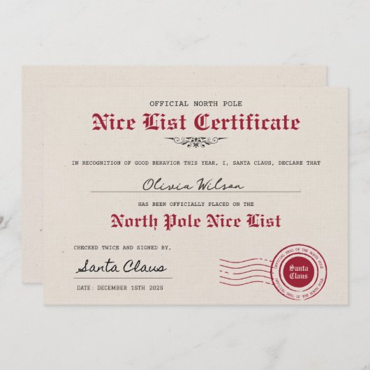 Maak je eigen Nice List-certificaat van de Kerstma Kaart (Voorkant / Achterkant)