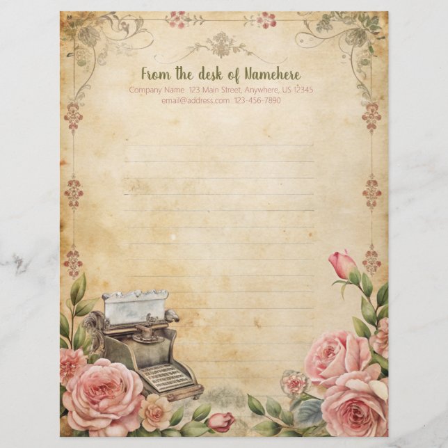 Maak Je Eigen Romantische Rozen Typewriter Notitie Briefhoofd (Voorkant)