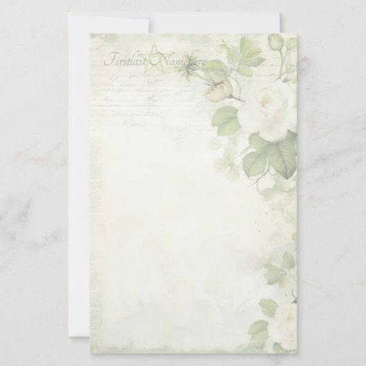 Maak je eigen Shabby Chic Witte Rozen Groen Briefpapier (Voorkant)