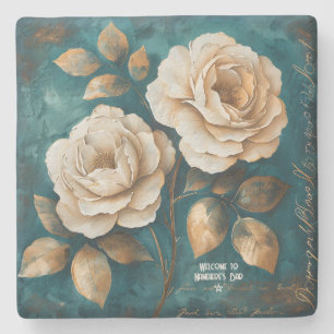 Maak Je Eigen Teal & Gouden Perzikrozen Bloemen Stenen Onderzetter