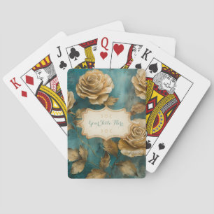Maak Je Eigen Teal & Gouden Rozen Bloem Pokerkaarten