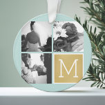 Maak Je Eigen Trouwfoto Collage Monogram Ornament<br><div class="desc">Mint en gouden print achtergrond - Gebruik 3 vierkante foto's om een uniek en persoonlijk huwelijkscadeau te maken. Voeg de initialen van de bruid en bruidegom toe. Als je de afbeeldingen of monogrammen moet aanpassen,  klik dan op het aanpassinggereedschap om wijzigingen aan te brengen.</div>