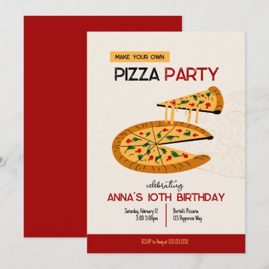 Maak je eigen uitnodiging voor een pizza verjaarda (Voorkant / Achterkant)