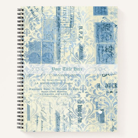 Maak Je Eigen Vintage Blauwe Damast Postzegel Notitieboek (Voorkant)