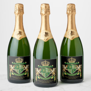 Maak Je Eigen Wapen Groen Gouden Leeuw Embleem Sparkling Wijnetiket
