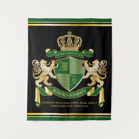 Maak Je Eigen Wapen Groen Gouden Leeuw Embleem Wandkleed (Voorkant)