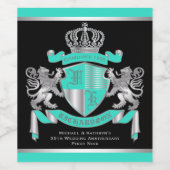 Maak je eigen wapenschild Turquoise Zilveren Leeuw Wijn Etiket (Enkel label)