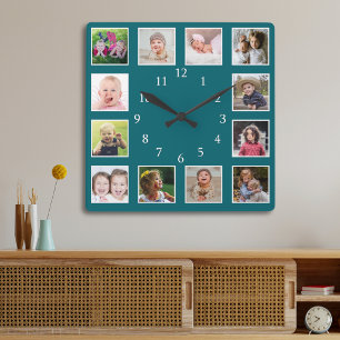 Maak Jouw Eigen 12 Familie Foto Collage Teal Vierkante Klok