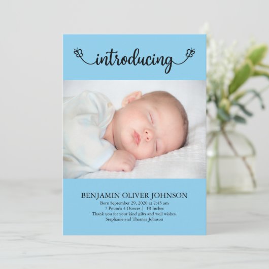 Maak kennis met Baby Boy met Butterflies Blue Birt Aankondiging (Staand voorkant)