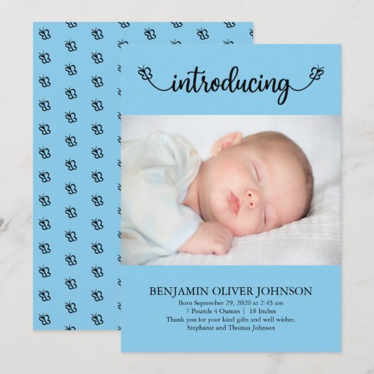 Maak kennis met Baby Boy met Butterflies Blue Birt Aankondiging (Voorkant / Achterkant)