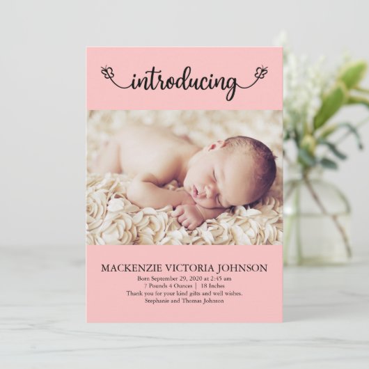 Maak kennis met baby Girl met Butterflies Pink Bir Aankondiging (Staand voorkant)