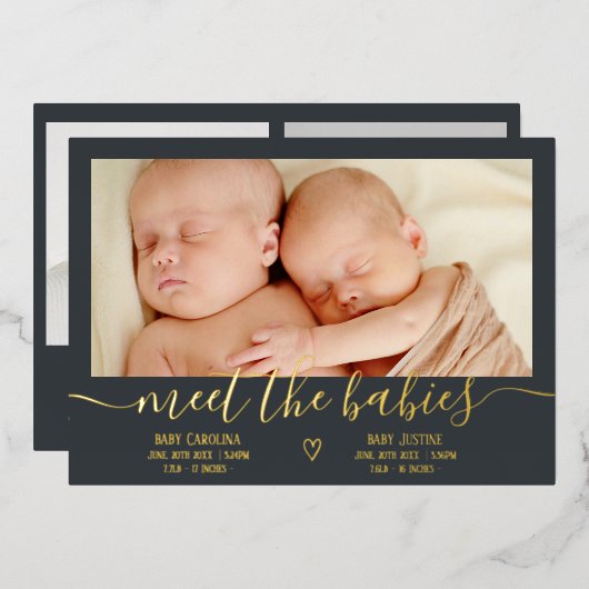 Maak kennis met baby's script goud 3 foto baby twe folie uitnodiging (Voorkant / Achterkant)