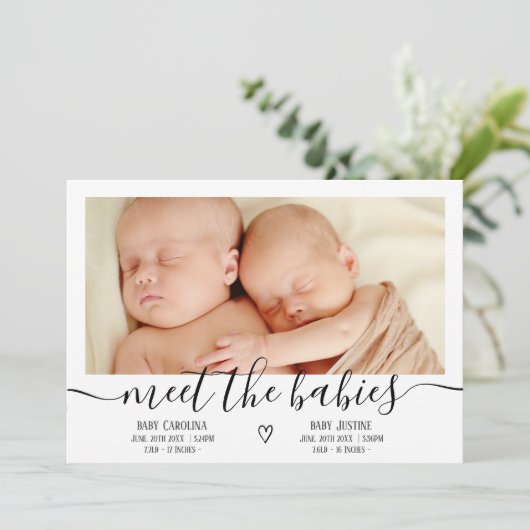 Maak kennis met baby's script hart 3 foto baby twe aankondiging (Staand voorkant)