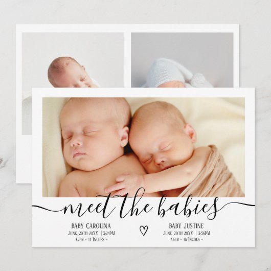 Maak kennis met baby's script hart 3 foto baby twe aankondiging (Voorkant / Achterkant)