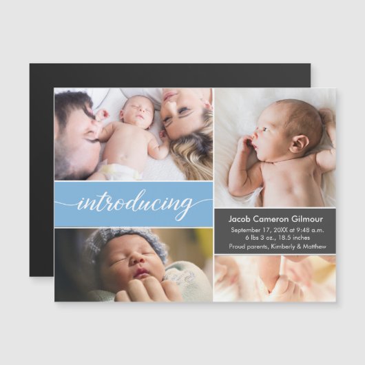 Maak kennis met Blue Custom babyboy foto's Birth Magnetische Uitnodiging (Voorkant / Achterkant)