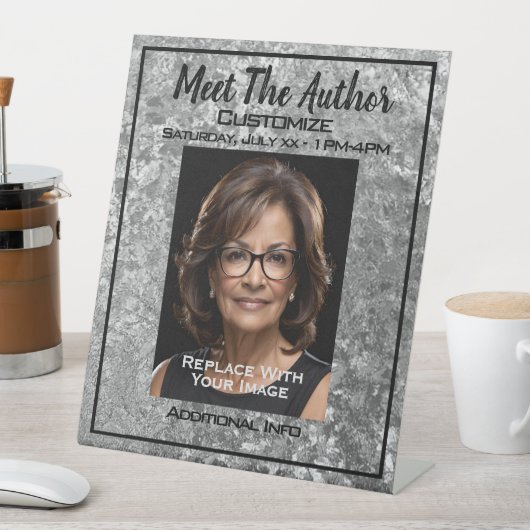 Maak kennis met de auteur zilveren textuur reclamebord met voetstuk (Insitu)